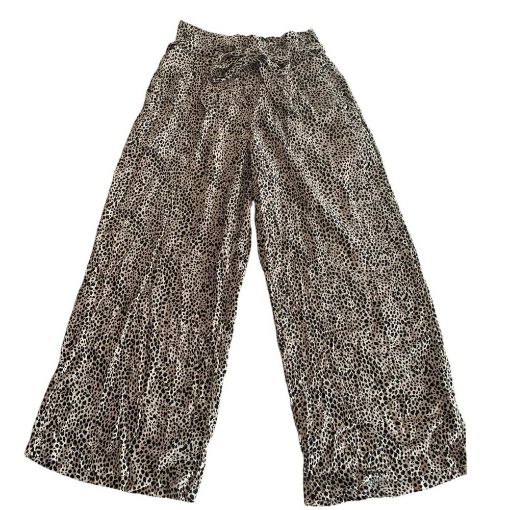 American Eagle Wide Leg Pants Women XS Tan Leopard Paperbag Waist Boho Animal